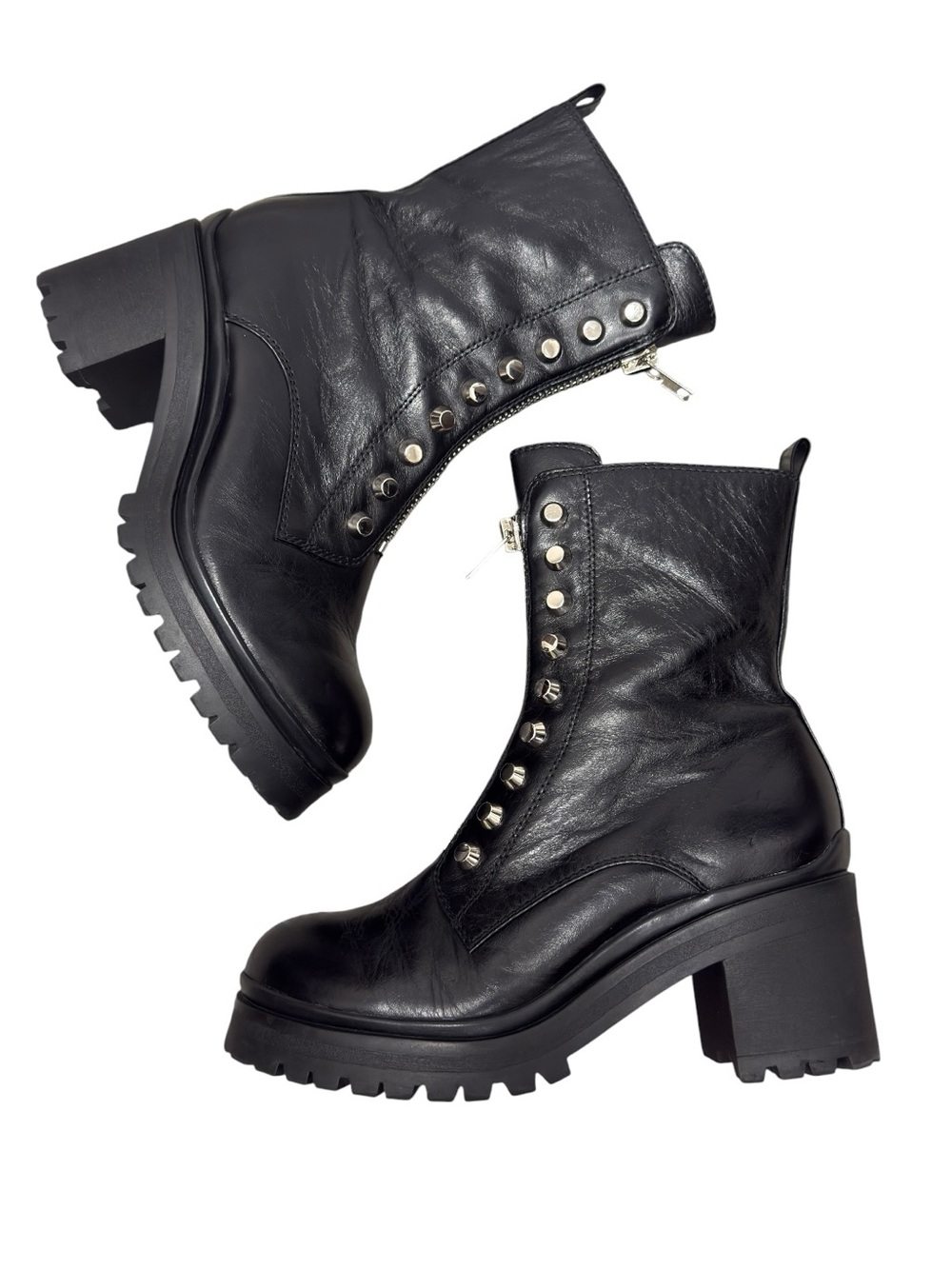 Tonette Combat Black Chunky Moto Edgy Leather Lug Sole Studded Platform Boots - Picture 7 of 17